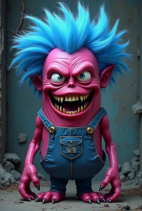 opposite version of a minion character , pink skin, blue jeans, evil version , wild hair, 