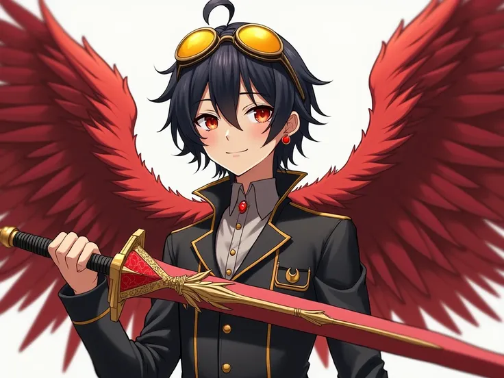 A man with black hair and a middle part, standing 172cm tall. He has gentle eyes and two long red wings on his back. He is dressed in an aviator suit and wears yellow goggles. Red stone earrings adorn his ears, and in one hand, he wields a sword crafted fr...