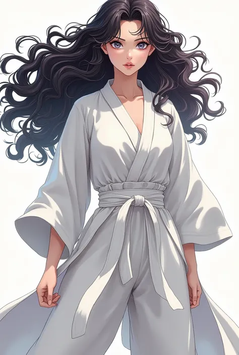 Woman with curly hair ,  dressed in white karategi. standing. anime