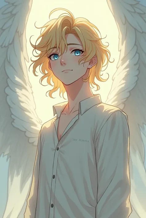 Tall boy with effeminate features ,  blond hair with curlers and sky-colored eyes ,  looks very ethereal and biblical like an angel or divine being,  anime style