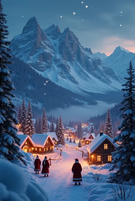 ((masterpiece, highest quality, Highest image quality, High resolution, photorealistic, Raw photo, Extremely detailed CG unified 8k wallpaper)), Snowy landscape, small village surrounded by mountains, (night: 1.3), snow falling, lights on each house, warmt...