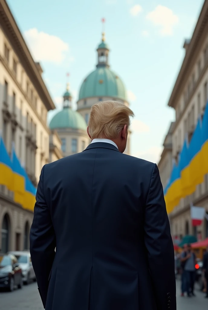 Trump stands in the center of Kiev, the flags of Ukraine and the United States are flying at the building from behind