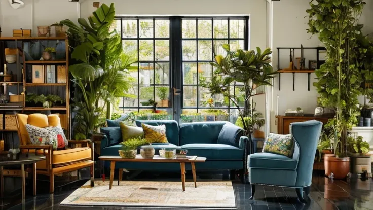  living room where you can relax during the holidays、 calm、Large foliage plants 、bright colored sofa、 stylish figurines on shelves 、 Building Seen from Window 