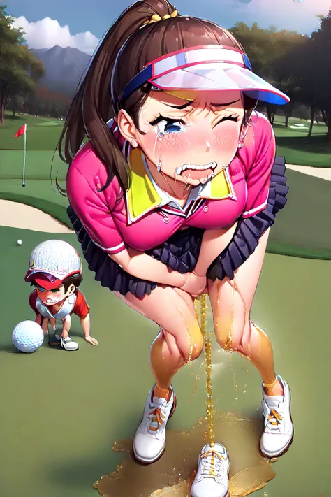 NSFW, (masterpiece, top quality, best quality, highly detailed:2),(anime:1.2), (anatomically correct:2),(full body:1.7), (leaning forward:1.7),(1 Woman, Golfer, visor:2),(golf course, outdoor:1.7),(Knee rubbing:1.5),(standing:2), (Touching the crotch:2), (...