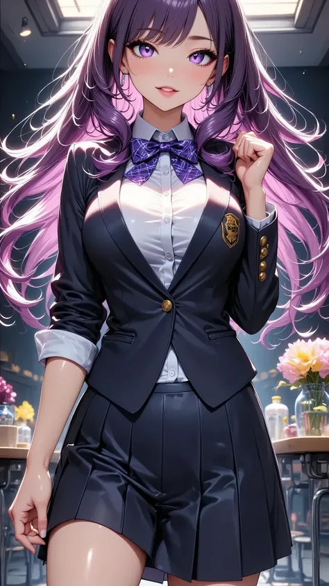 One young and beautiful woman,(masterpiece, top quality, very detailed depiction, Incredibly Absurd High Definition ,High quality anime images),(student服, High School Uniform Blazer ,Uniform shirt, high school uniform long skirt,Purple tie, high socks,Shoe...