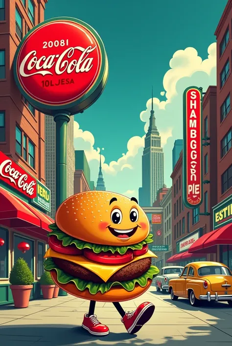  I need a cartoon image in the style of Coca-Cola, a background for my hamburger restaurant  