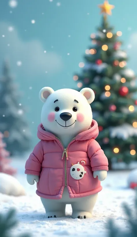 A snowy area with a Christmas tree behind it and a polar bear with a  on its back wearing a funny pink bear jacket or both are smiling. With beautiful background. 