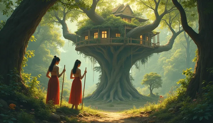 Give me a picture of two sexy beautiful Asian women chopping trees and building a big tree house in the forest. A little more tree houses that look like real people, but theyre cutting down trees.
