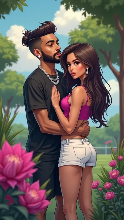 Young man from Trigueño with a well-groomed beard dressed in hiphop style black clothing with shiny earring embracing a beautiful girl with straight hair dressed in white shorts and a simple fuchsia navel blouse on a soccer field 