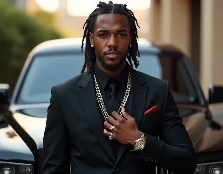  Create a realistic man with a strong and determined appearance .  He has a medium-dark skin tone ,  with dreads or short braids ,  rapper style and striking facial features that express trust . Your eyes are intense,  with a Smile from the corner of the m...