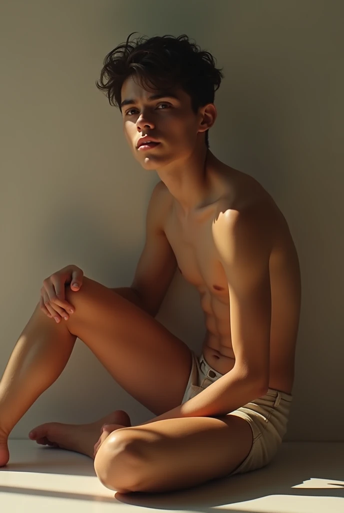 Very thin young Latino man with an erect penis sitting on the floor