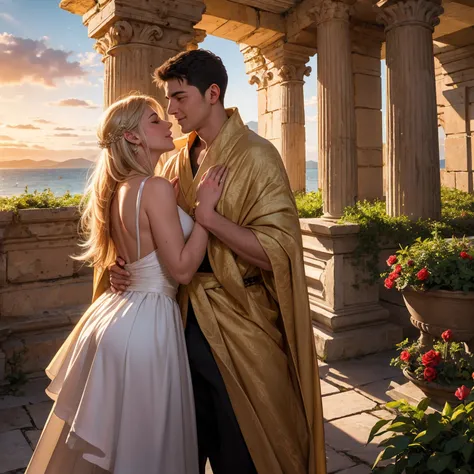 A beautiful woman embracing the Roman Emperor Constantine the Great, joy of love, happy couple, white clouds, magnificent emerald palace, heavenly paradise background, sparkling sea and lush forest, exquisitely beautiful, rose garden, supreme brilliance, h...