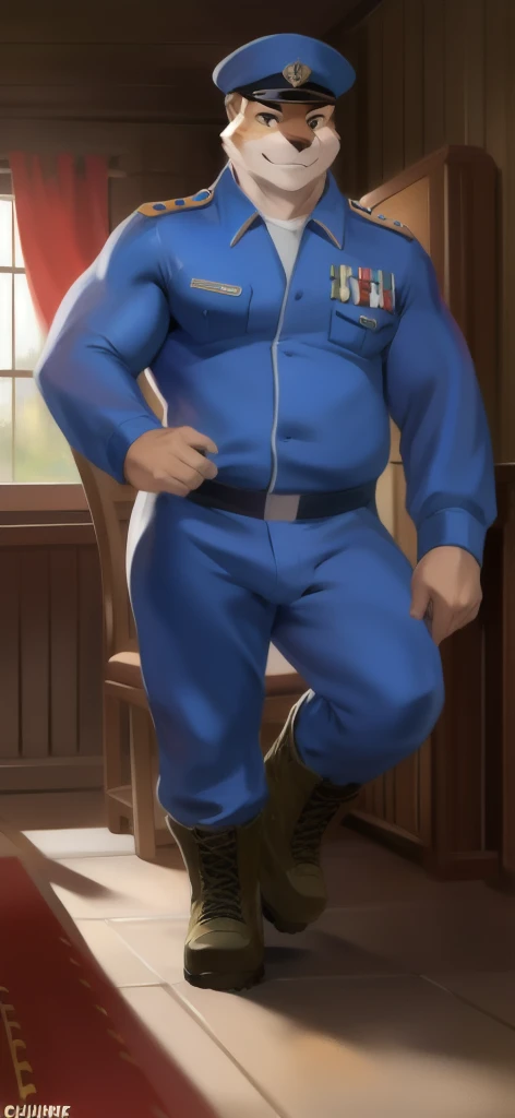 Alone, tall, large body, riding a chair, den, Pink sports suit, military, wearing military boots, overweight, muscular, smiling blue tracksuit soldier, by chunie,yandere simulator