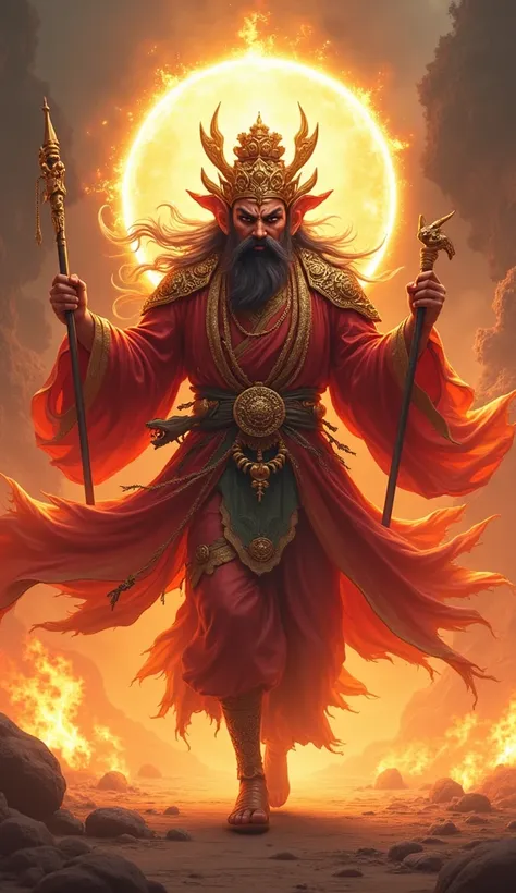 A realistic and mystical depiction of Gundari Myo-o (King Junda Liming) actively walking forward in an upright posture in a vertical 10:16 frame. The image portrays a fierce and powerful divine figure with a wrathful expression, symbolizing purification an...