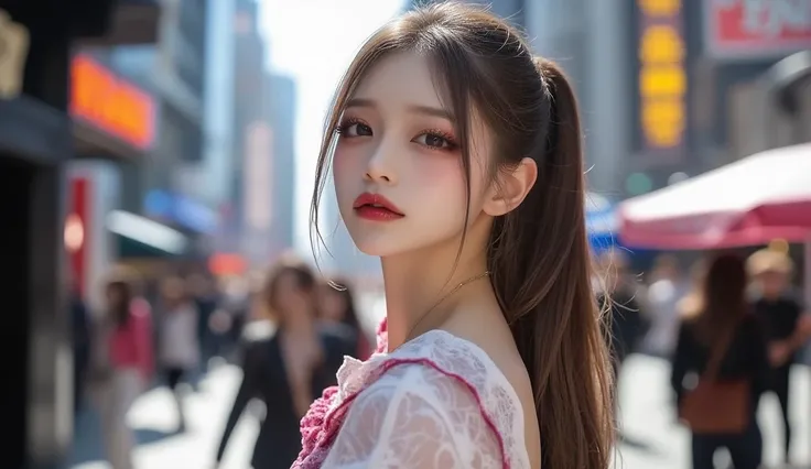  A young woman is wearing Korean makeup and looking straight ahead in a professional realistic photo style, The background is a busy city street and can be seen up to the waist  ,   The image is full of professional photographic realism at full resolution ...