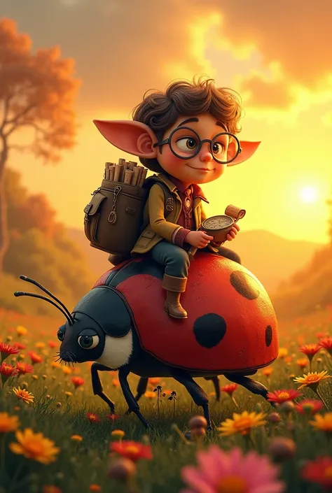 "A whimsical scholar with round spectacles, an oversized satchel full of scrolls, and a quill tucked behind one ear rides a red ladybug. He holds a glowing compass, guiding the ladybug through a colorful field of wildflowers under a golden sunset. The warm...