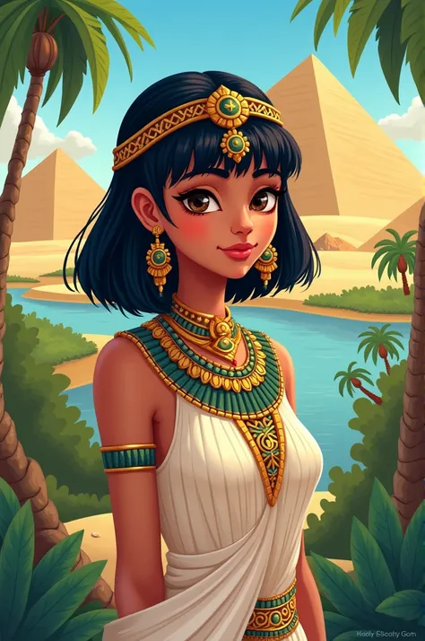 Peux tu me créer une image pour enfant illustrant cleopatre comme la grande et belle femme quelle etait avec sa coupe au carré, ses bijoux dans les cheveux et son maquillage mythique pour en faire une couverture de livre pour enfant 