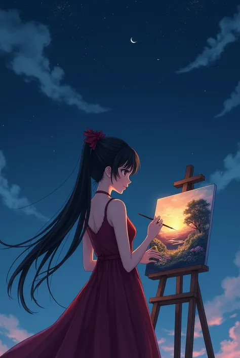 A girl standing not face showing just back showing,dress color wine red ,sky color navy blue, hair long black and ponytail(bow), mini canvas and a painting brush on her hand she is coloring some beautiful scenarios, beautiful and nice