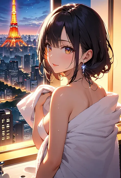 masterpiece,best quality,ultra detailed,high resolution,16k ,  1 girl in uniform,  black long hair by lla, earrings,  bathroom、Skyscrapers in the background、 Tokyo tower 、 night view、bewitching、coquettish、Tempting sensuality、 wet 、( backlit:1.5)、bath towel...