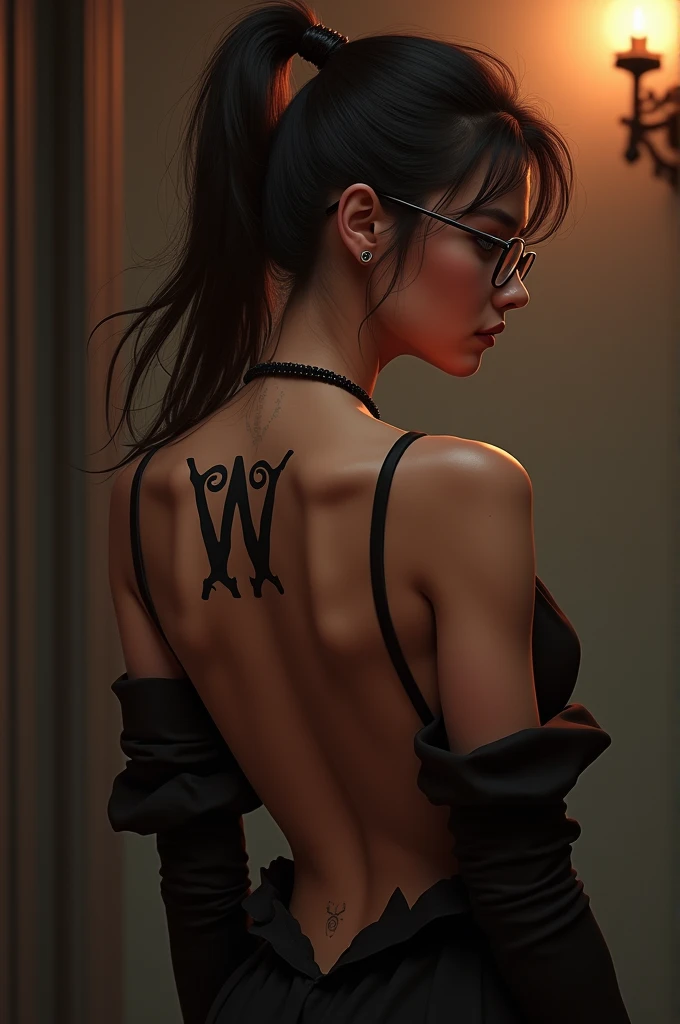 1 milf, ponytail hair, wearing glasses, wearing backless clothes, tattoo of the letter W on her back,facing back 