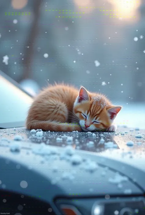 The kitten sleeps on the hood of a 、 car in the snow。