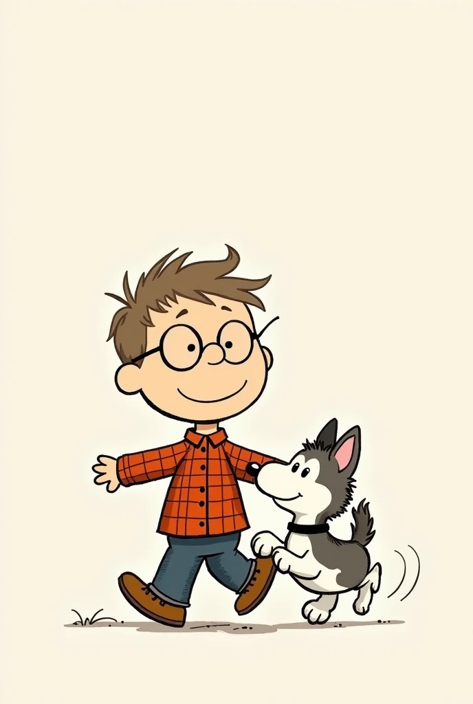 Boy wearing glasses and checkered shirt with his Hosky puppy drawn in the Peanuts drawing style
