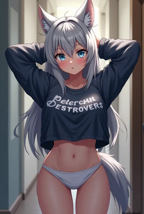 ( 1girl:1.2),  (( fluffy, antro,  wolf girl, WOLF EARS, wolf tail)), One,  ulybka,  Looking at the viewer,  hands behind head ,  long hair ,  grey hair,  blue eyes , (virgin _destroyer_sweater:1.5), sideboob , sub-chest,  white panties, white stockings,  i...