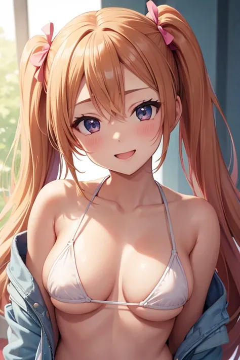 Im wearing a small micro bikini, Beautiful breasts,  upper body, anime, smile,  open her mouth , High-resolution contours, Big Breasts,  cute,  cute,  College Student , Idol, Forehead visible,  Twin Tails , 