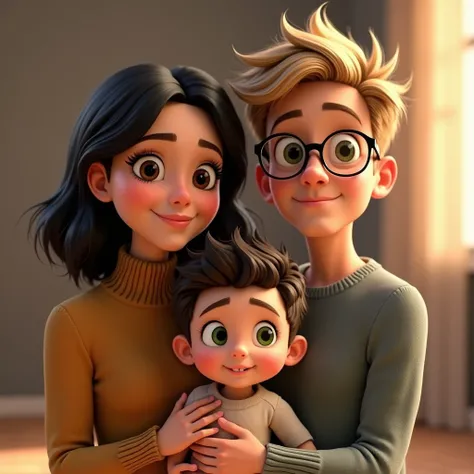  Couple with two ren:      mother with dark eyes and hair , far away, smooth and dark. Short-haired blond father  ,   with green eyes with glasses .  A toddler son with short hair ,  spiky hair with green eyes ,  and another curly light-haired baby son ,  ...