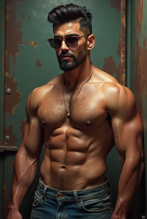 Shirtless indian mafia, six pack abs breaSt,hairy chest, hairy body , hot, dashing quiff haircut, blue eyes, sharp jawline, pointed nose, ciggerate, sunglasses 