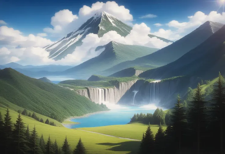 Paintings of mountains with waterfalls and waterfalls in the foreground , Mount Fuji background,  Animated Scenery Wallpaper , BEAUTIFUL 4K ART , Detailed painting 4k, Anime Nature,  Amazing Wallpaper , Anime Nature wallpap, Scenery Wallpaper,  Beautiful m...