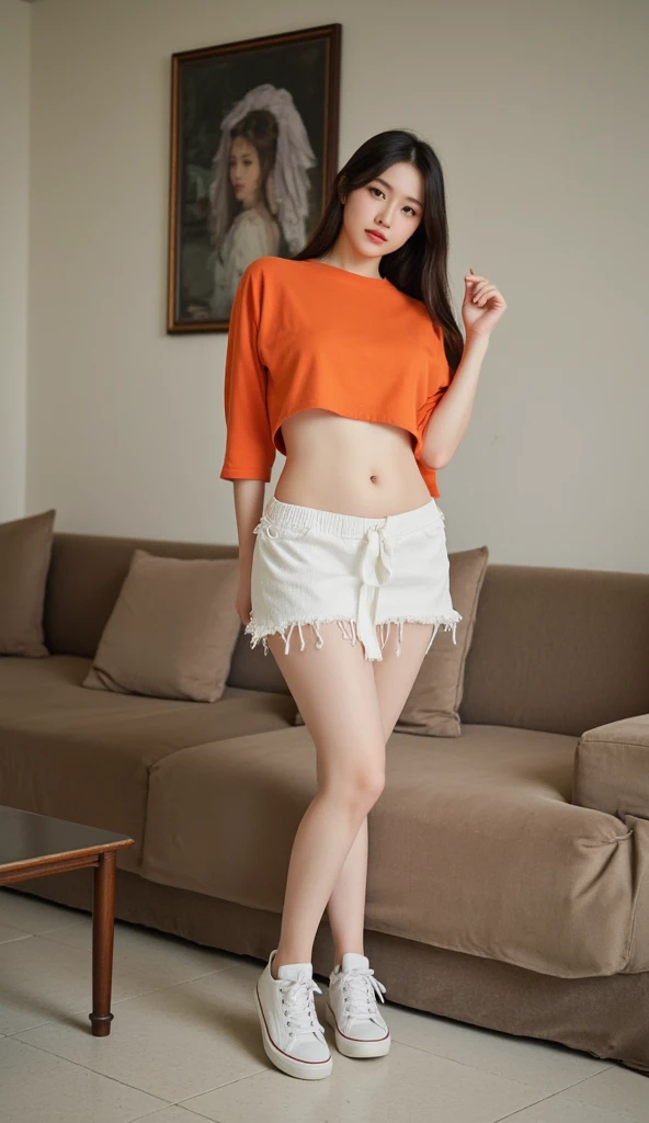 A young Asian woman with large tits and wide hips wearing a orange cropped  and  a micro skirt showing part of the ass with a long dark brown hair and white sneakers with fringe and fair skin stands gracefully . The background is a beautifully decorated li...