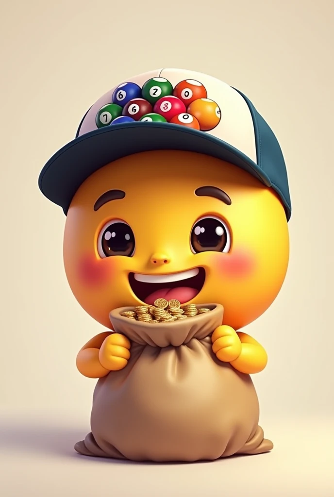 Create me an image of a happy emoji with a cap that has 8 of ball pool and that has one hand with a bag of 8 ball pool coins
