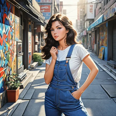 full body, pho3b3cat3s photos,  beautiful woman, ((24 years old)), street, T-Shirts,  denim overalls to block sunlight with your hands, 1980s, Retro,  long wavy dark hair ponytail, (masterpiece), ( Highly Detailed CG Unity 8K Wallpaper),  complicated, (( p...