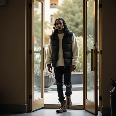 medium shot with a Sony A7 III, an african american male, a very tall 67" 20 year old light brown skin african american male with rapper inspired tattoos and medium length black cornrow braids. walking out of a revolving from an upscale los angeles apartme...