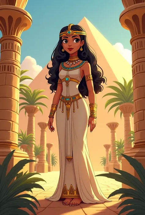 Peux tu me créer une image pour enfant illustrant cleopatre comme la grande et belle femme quelle etait, et sa belle robe égyptienne et ses ornements égyptiens type dessin animé pour en faire une couverture de livre pour enfant dans un décors de lÉgypte an...