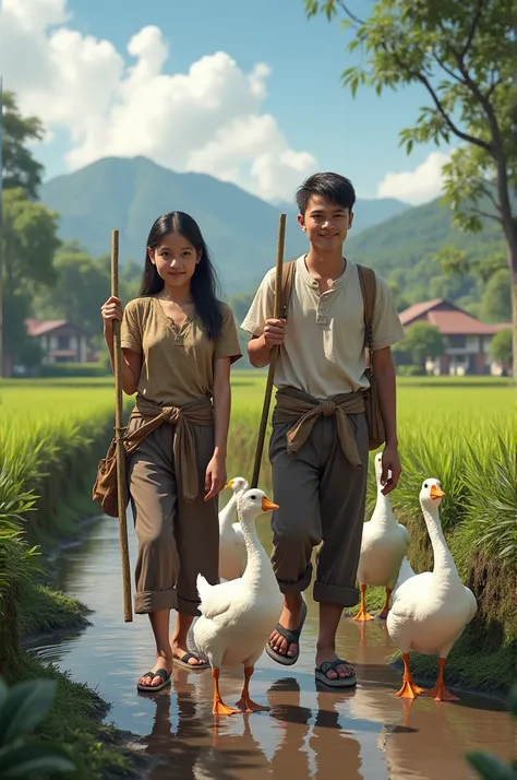 realistic portrait in a village, you can see terraced rice fields and a ditch with flowing water, you can see mountains and there are peoples houses, you can see an Indonesian young man wearing a long t-shirt and trousers rolled up and wearing sandals, alo...