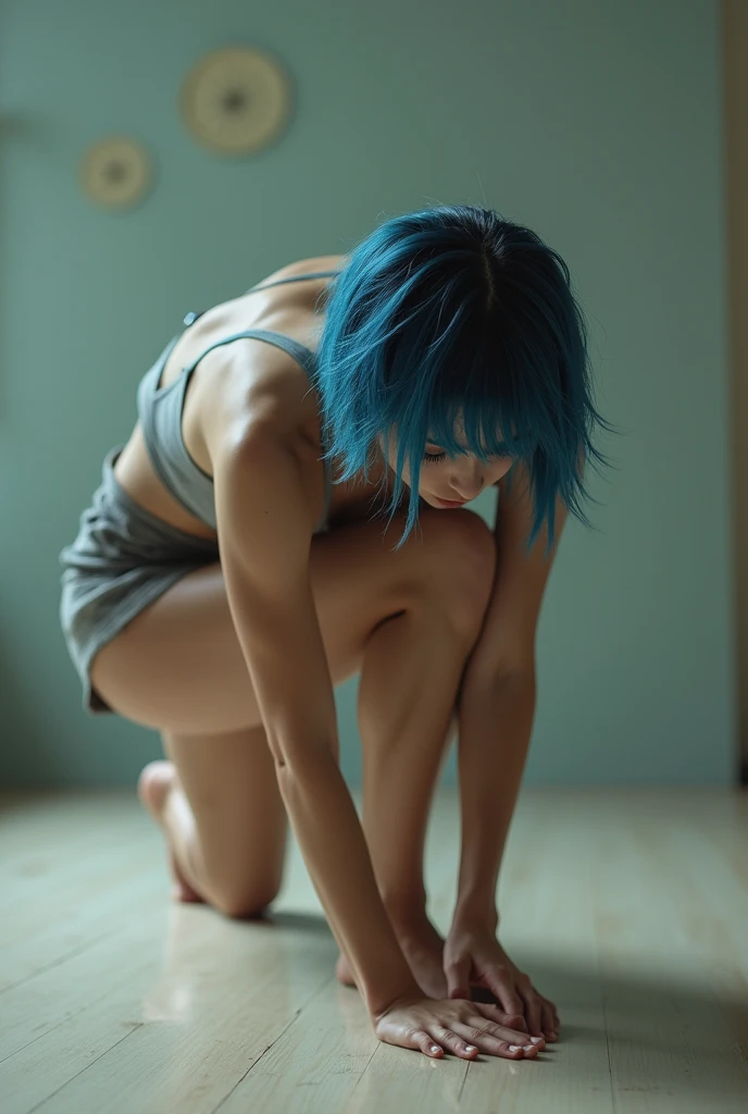 *veiw from behind, Young woman with undercut blue hair, bent over, stretching down to her feet, right hand reaching through legs.