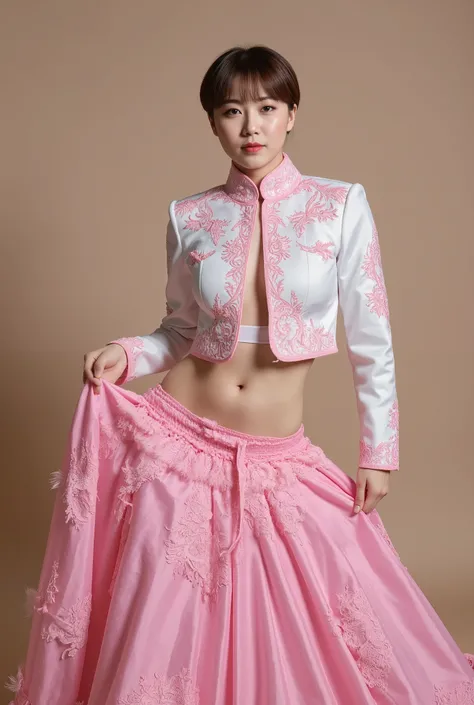 A Korean man is wearing a ladies skirt suit, a beautiful skirt suit, he is a crossdresser, he has big breasts on his chest like a womans, his face is very masculine, his hair is masculine short, Very fancy womens dress, pink and white, Rich lace and frills...