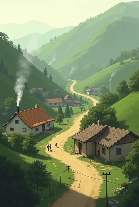 A serene view of a small village surrounded by hills. A dusty road leads to a tiny, rundown school building.]