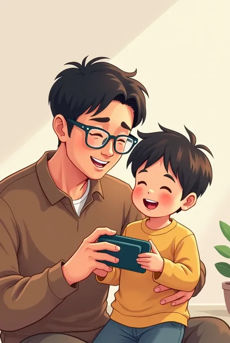 Picture a dark-haired Korean guy with glasses and a cute looking boy with a game console. Draw his face smiling at me, cute, and in 2D style
