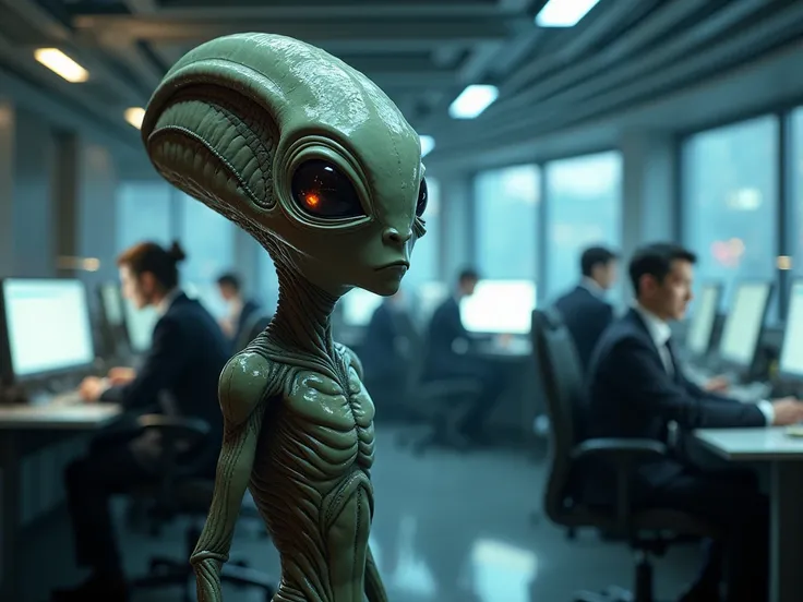 A futuristic alien office scene where a bewildered alien boss, with glowing eyes and intricate skin patterns, looks at a group of humans in business attire working at desks with advanced technology. The humans seem calm but out of place in the high-tech, o...