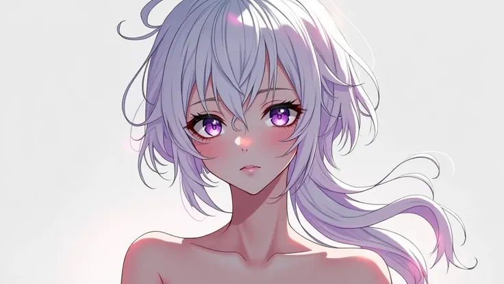 white hair, pigeon shaped hair, pony tail, ahoge, purple eyes, nude