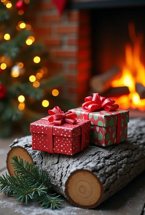 Photo of a Christmas log with gifts