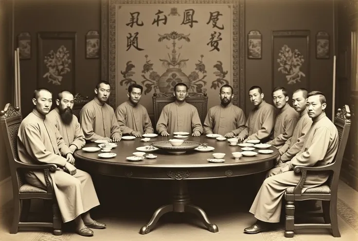 A sepia photograph, probably taken in the early 20th century, shows eleven Manchu men in traditional robes sitting around a round wooden table, eating. The men have varying expressions of satisfaction, and sit on elaborately decorated chairs. Against the b...