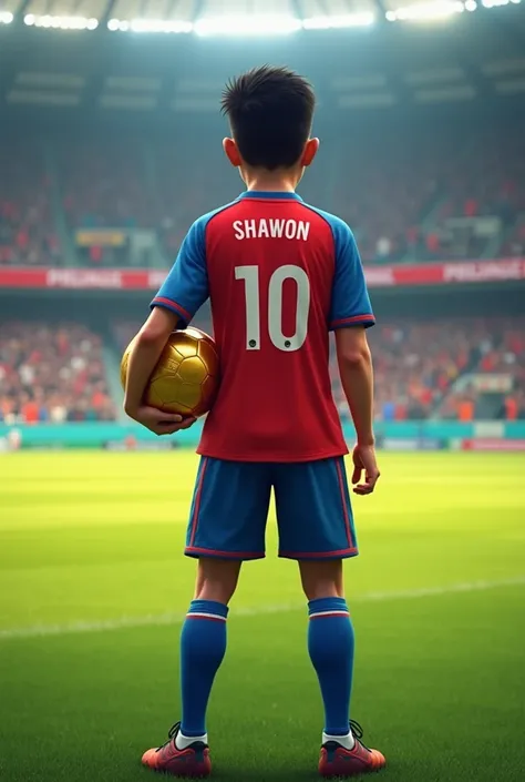 A 20-year-old boy is standing on the field wearing a Bangladesh team jersey, and holding a gold-colored football, the boys name is written on the back of the jersey "Shawon" and the jersey number is "10" and everyone is sitting on the sidelines clapping.