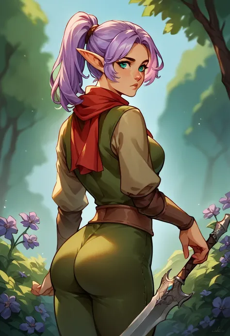 score_9, score_8_up, score_7_up, score_6_up, score_5_up, score_4_up, (source_anime), lilac hair, elf, high ponytail, (teal eyes), brown rogue assassin clothes, red neck scarf, 1girl, solo, fantasy, medieval, ass