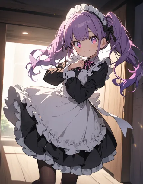 Long purple hair ,  wearing maid clothes, fullbody, round glasses, Front Light ,Cute 2D, Front lighting 、( for a woman with bristles、masterpiece、 high definition 、 Details)、animeスタイル、 flat style 、(Shining Eyes、 Details美しい顔),  1 girl、extremely  Details、(The...