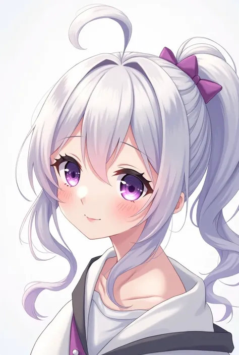 white hair, pigeon shaped hair, pony tail, ahoge (masterpiece_1.5), (best quality_1.2), bishoujo, medium_hair, white_hair, hair_between_eyes, ponytail, huge_ahoge, Purple_eyes