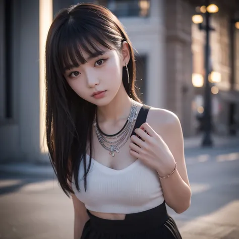  1 girl, 最 High Quality , masterpiece,  high definition , [ Purple |Sliver|green] _hair,  black miniskirt, hair accessory,  necklace, gem,  beautiful face,  Hands Full of Expectations ,  full body view,  realistic ,  outdoor, Modern square,  Two Tone Light...